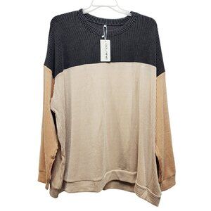 Striped Colorblock Sweater Plus Size Size 5XL Womens Long Sleeve Black Beige